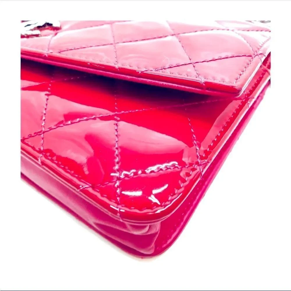 Auth Chanel Brilliant Pink Quilted Patent Leather Wallet on Chain (WOC) Clutch
